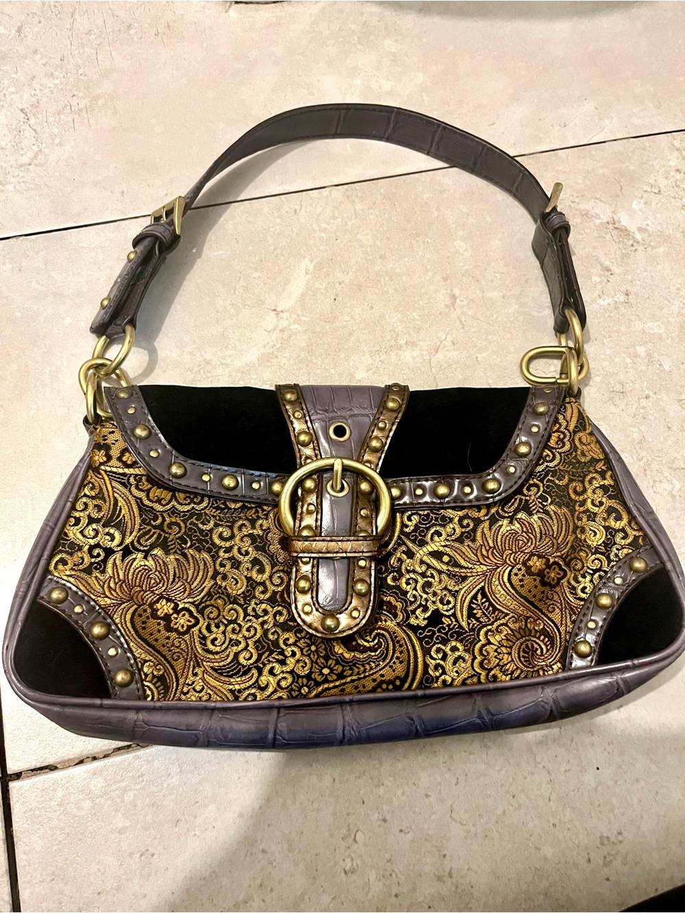Y2K Nine West Purse Vintage Brocade Paisley Velvet Buckle Shoulder Bag Gold